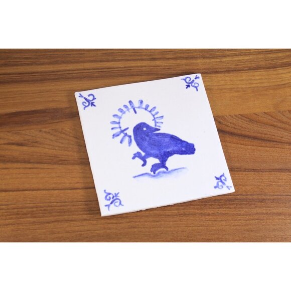 Holy Crow thin Studio Pottery Tile, Hand painted Contemporary Tile home decor - Picture 3 of 6